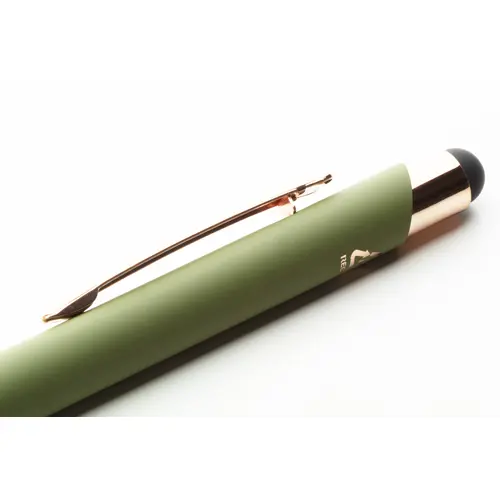 Penna a sfera in alluminio riciclato con finitura gommata e touch screen dettagli color oro rosa e refill blu