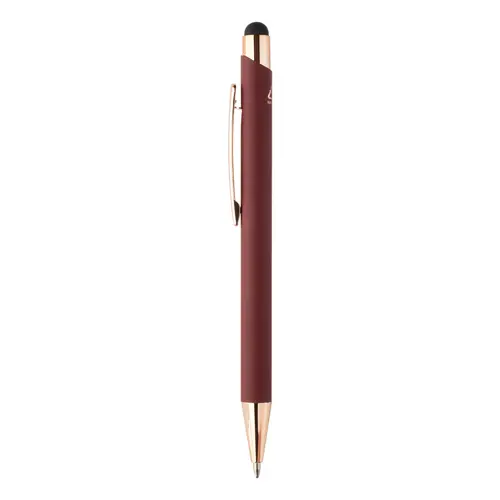 Penna a sfera in alluminio riciclato con finitura gommata e touch screen dettagli color oro rosa e refill blu