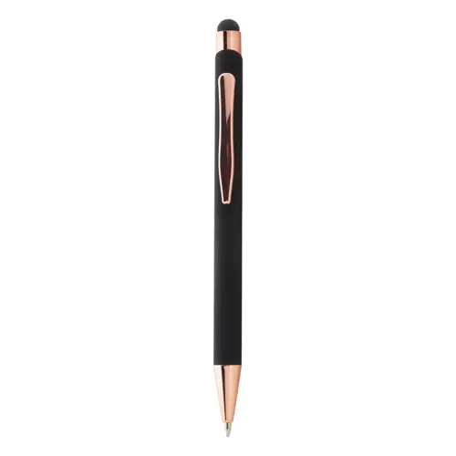 Penna a sfera in alluminio riciclato con finitura gommata e touch screen dettagli color oro rosa e refill blu
