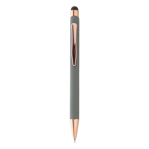 Penna a sfera in alluminio riciclato con finitura gommata e touch screen dettagli color oro rosa e refill blu