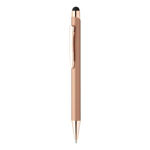 Penna a sfera in alluminio riciclato con finitura gommata e touch screen dettagli color oro rosa e refill blu