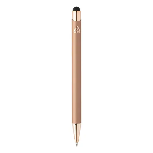 Penna a sfera in alluminio riciclato con finitura gommata e touch screen dettagli color oro rosa e refill blu