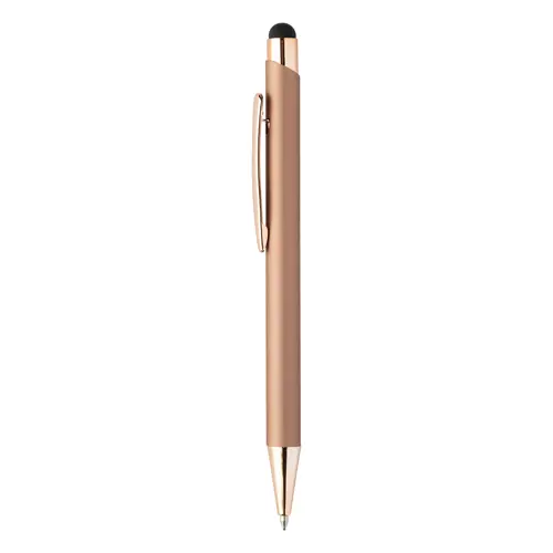 Penna a sfera in alluminio riciclato con finitura gommata e touch screen dettagli color oro rosa e refill blu
