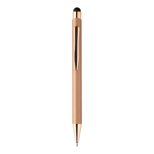 Penna a sfera in alluminio riciclato con finitura gommata e touch screen dettagli color oro rosa e refill blu