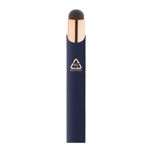 Penna a sfera in alluminio riciclato con finitura gommata e touch screen dettagli color oro rosa e refill blu