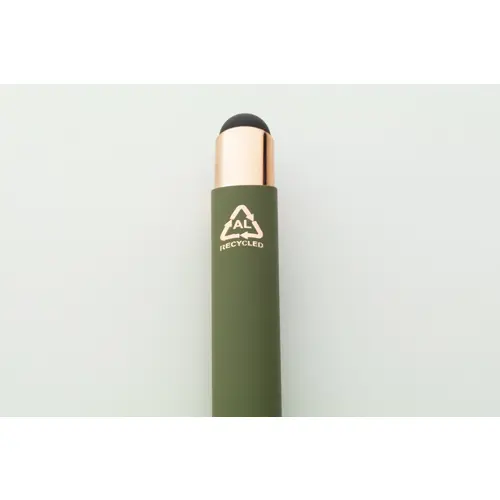 Penna a sfera in alluminio riciclato con finitura gommata e touch screen dettagli color oro rosa e refill blu