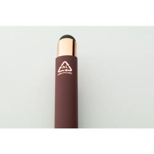 Penna a sfera in alluminio riciclato con finitura gommata e touch screen dettagli color oro rosa e refill blu
