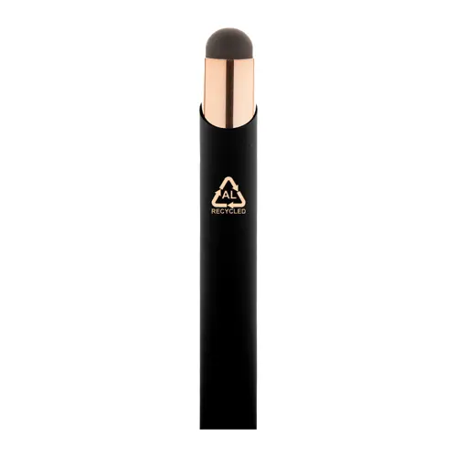 Penna a sfera in alluminio riciclato con finitura gommata e touch screen dettagli color oro rosa e refill blu
