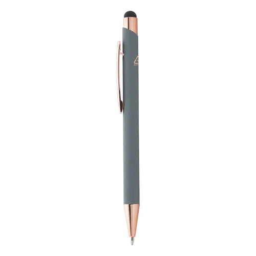 Penna a sfera in alluminio riciclato con finitura gommata e touch screen dettagli color oro rosa e refill blu