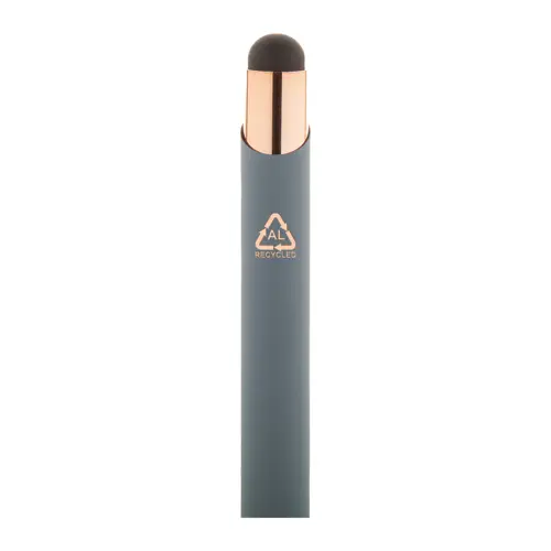Penna a sfera in alluminio riciclato con finitura gommata e touch screen dettagli color oro rosa e refill blu