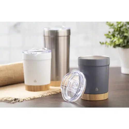 Tazza termica in acciaio inox riciclato da 300ml con base in bambù e coperchio in plastica AS 