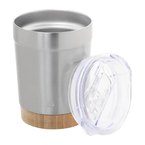 Tazza termica in acciaio inox riciclato da 300ml con base in bambù e coperchio in plastica AS 