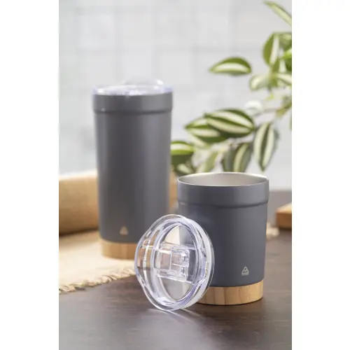 Tazza termica in acciaio inox riciclato da 300ml con base in bambù e coperchio in plastica AS 