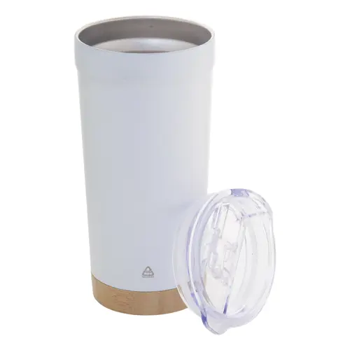 Tazza termica da 600ml in acciaio inox riciclato con base in bambù e coperchio in plastica AS