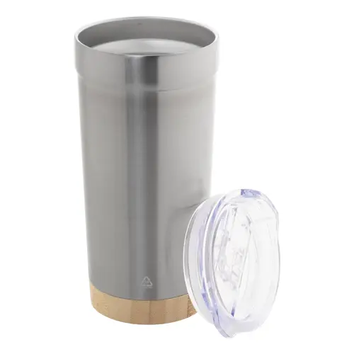 Tazza termica da 600ml in acciaio inox riciclato con base in bambù e coperchio in plastica AS