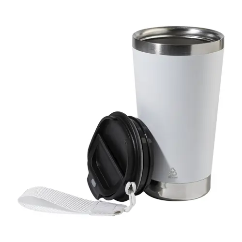 Tazza termica in acciaio inox riciclato con coperchio in PP laccetto coordinato 430ml
