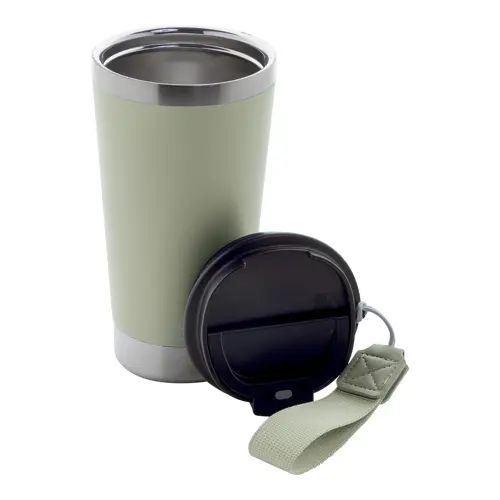 Tazza termica in acciaio inox riciclato con coperchio in PP laccetto coordinato 430ml