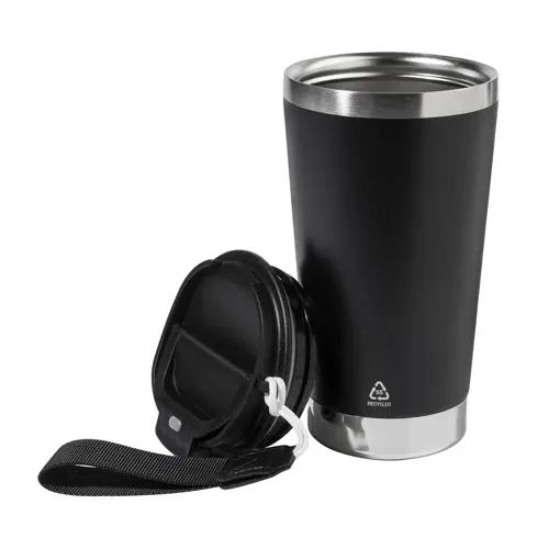 Tazza termica in acciaio inox riciclato con coperchio in PP laccetto coordinato 430ml