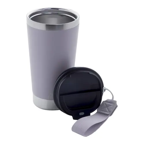 Tazza termica in acciaio inox riciclato con coperchio in PP laccetto coordinato 430ml