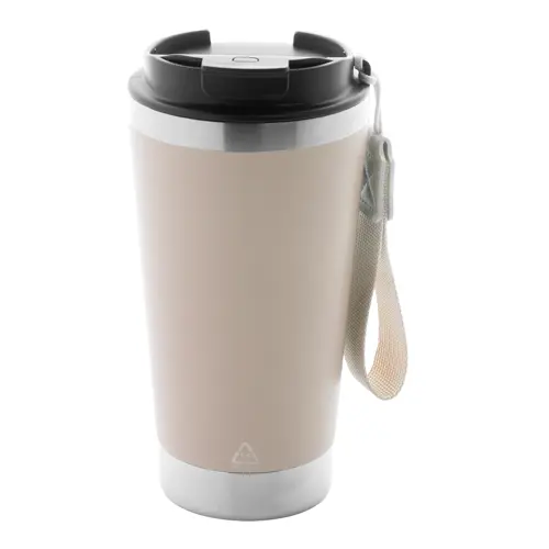 Tazza termica in acciaio inox riciclato con coperchio in PP laccetto coordinato 430ml