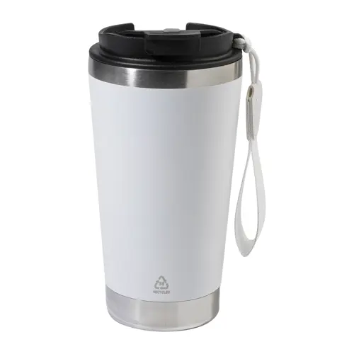 Tazza termica in acciaio inox riciclato con coperchio in PP laccetto coordinato 430ml