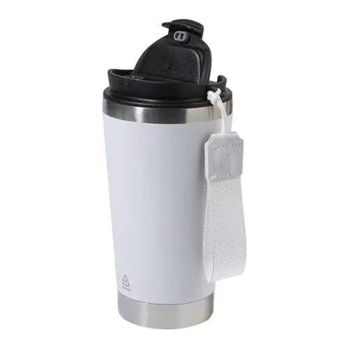 Tazza termica in acciaio inox riciclato con coperchio in PP laccetto coordinato 430ml