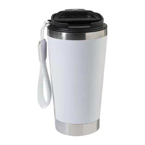Tazza termica in acciaio inox riciclato con coperchio in PP laccetto coordinato 430ml