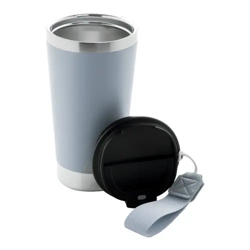 Tazza termica in acciaio inox riciclato con coperchio in PP laccetto coordinato 430ml