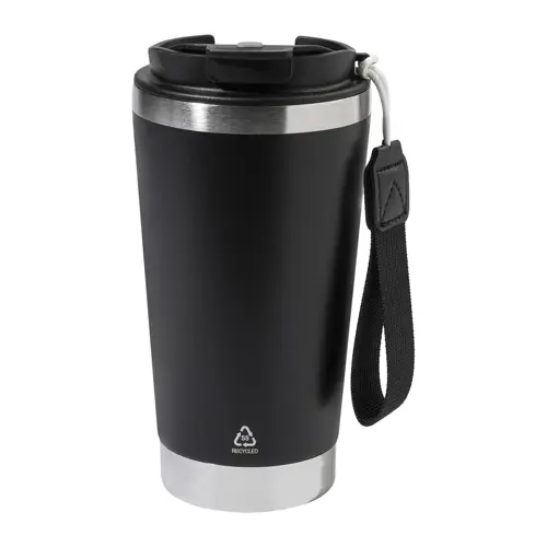 Tazza termica in acciaio inox riciclato con coperchio in PP laccetto coordinato 430ml