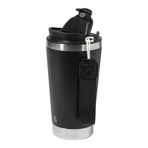 Tazza termica in acciaio inox riciclato con coperchio in PP laccetto coordinato 430ml