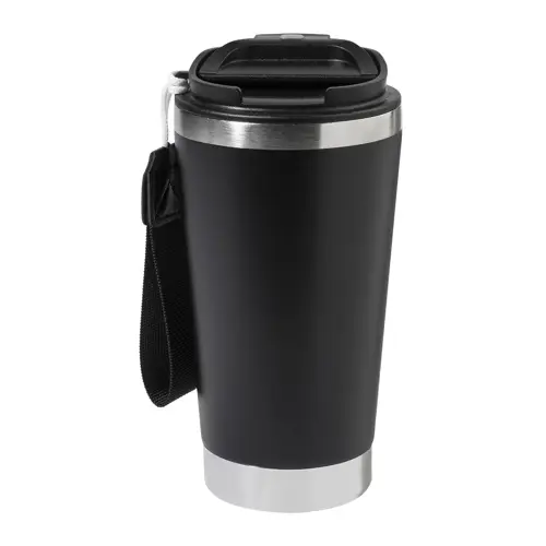 Tazza termica in acciaio inox riciclato con coperchio in PP laccetto coordinato 430ml