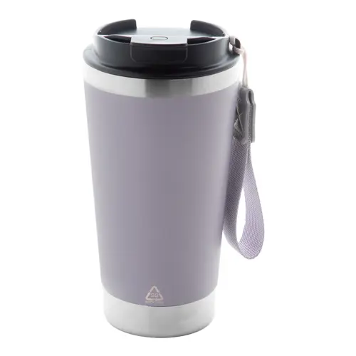 Tazza termica in acciaio inox riciclato con coperchio in PP laccetto coordinato 430ml