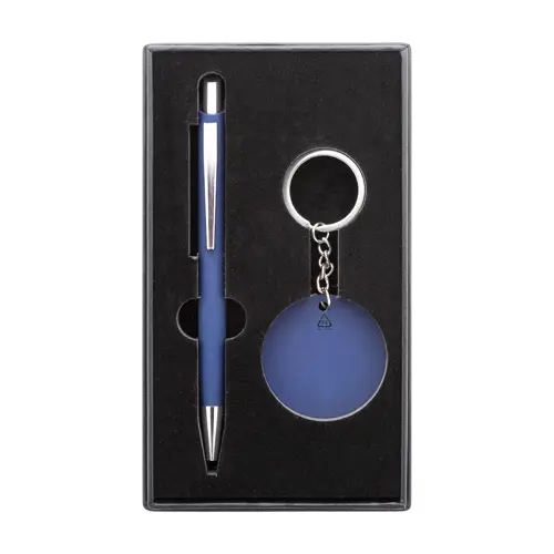 Set regalo con penna refill blu e portachiavi in alluminio riciclato con finitura gommata