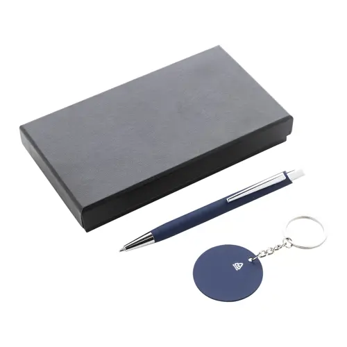 Set regalo con penna refill blu e portachiavi in alluminio riciclato con finitura gommata