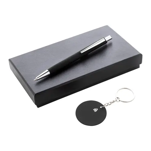 Set regalo con penna refill blu e portachiavi in alluminio riciclato con finitura gommata