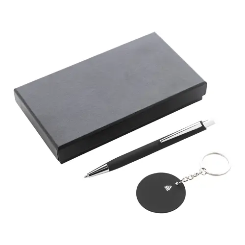 Set regalo con penna refill blu e portachiavi in alluminio riciclato con finitura gommata