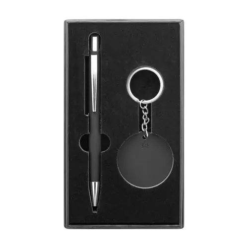 Set regalo con penna refill blu e portachiavi in alluminio riciclato con finitura gommata