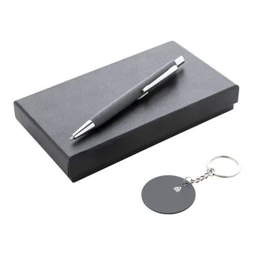 Set regalo con penna refill blu e portachiavi in alluminio riciclato con finitura gommata