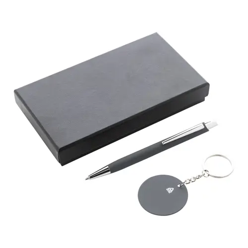 Set regalo con penna refill blu e portachiavi in alluminio riciclato con finitura gommata