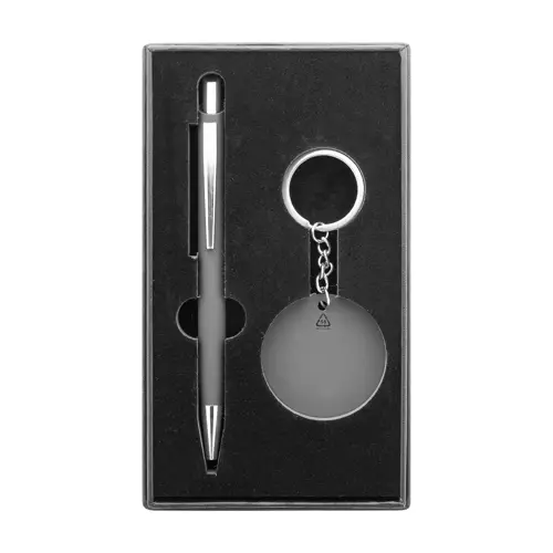 Set regalo con penna refill blu e portachiavi in alluminio riciclato con finitura gommata