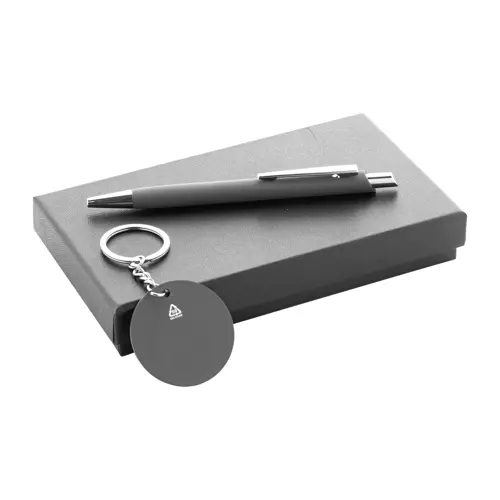 Set regalo con penna refill blu e portachiavi in alluminio riciclato con finitura gommata
