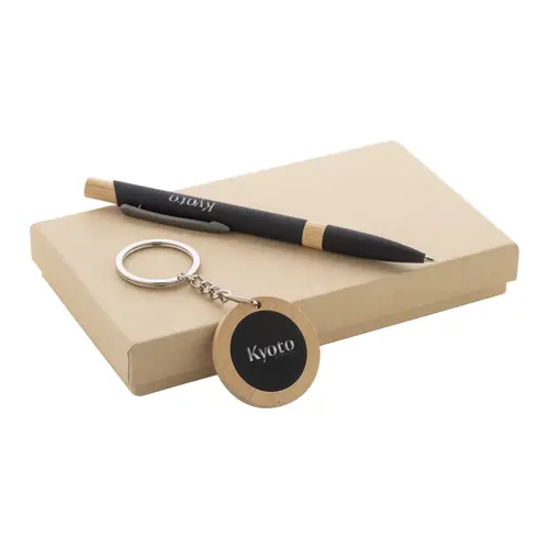 Set regalo con penna refill blu e portachiavi in alluminio riciclato e bambù