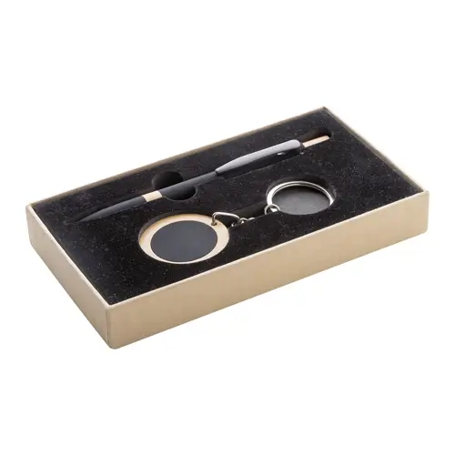Set regalo con penna refill blu e portachiavi in alluminio riciclato e bambù