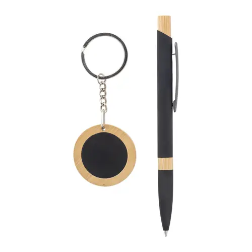 Set regalo con penna refill blu e portachiavi in alluminio riciclato e bambù