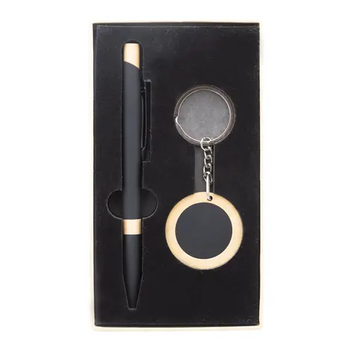 Set regalo con penna refill blu e portachiavi in alluminio riciclato e bambù