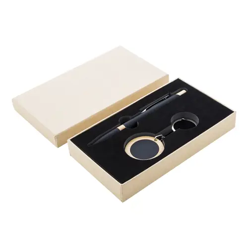 Set regalo con penna refill blu e portachiavi in alluminio riciclato e bambù