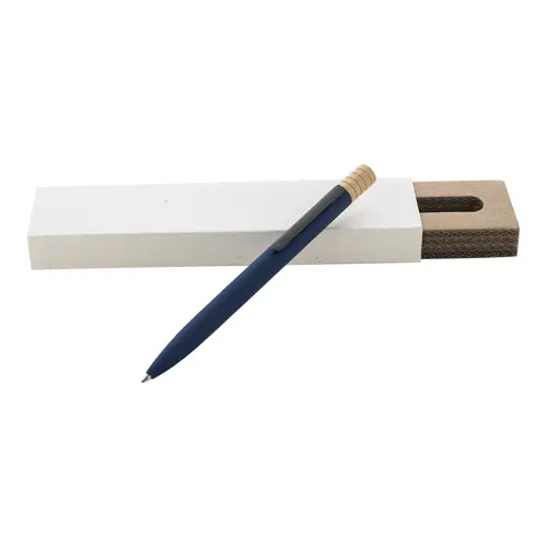 Penna a sfera in alluminio riciclato a rotazione finitura gommata e astuccio in cartoncino kraft refill blu