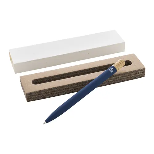 Penna a sfera in alluminio riciclato a rotazione finitura gommata e astuccio in cartoncino kraft refill blu