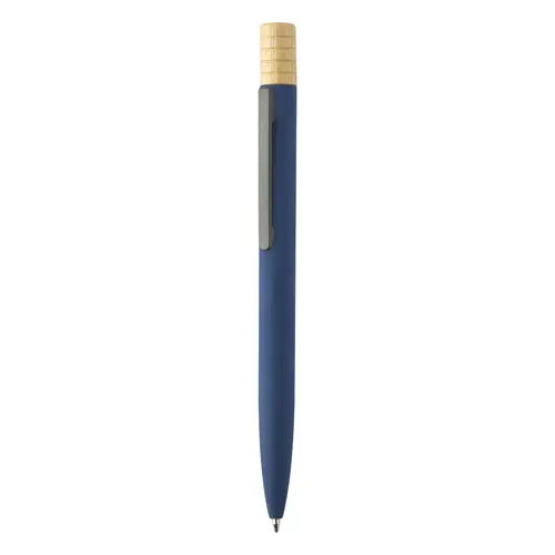 Penna a sfera in alluminio riciclato a rotazione finitura gommata e astuccio in cartoncino kraft refill blu