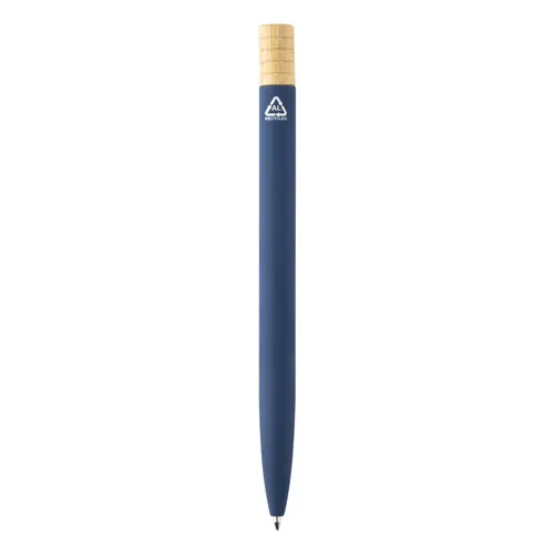Penna a sfera in alluminio riciclato a rotazione finitura gommata e astuccio in cartoncino kraft refill blu